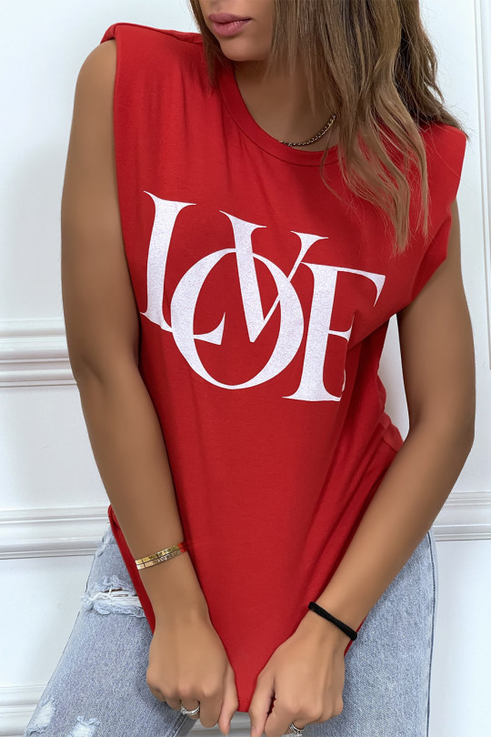 T-shirt sans manches rouge à épaulettes et écriture "love" - 1