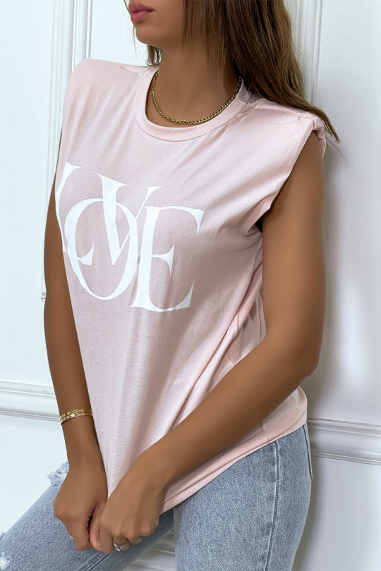 T-shirt sans manches rose à épaulettes et écriture "love" - 2