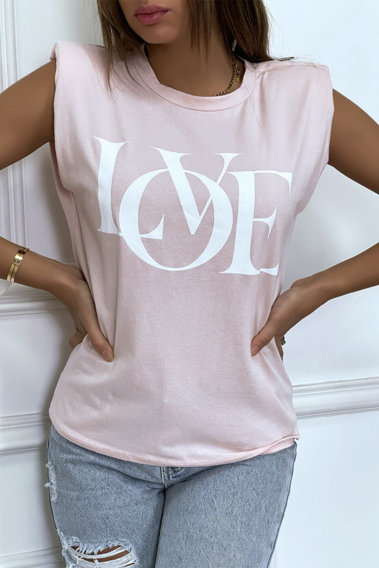 T-shirt sans manches rose à épaulettes et écriture "love" - 3