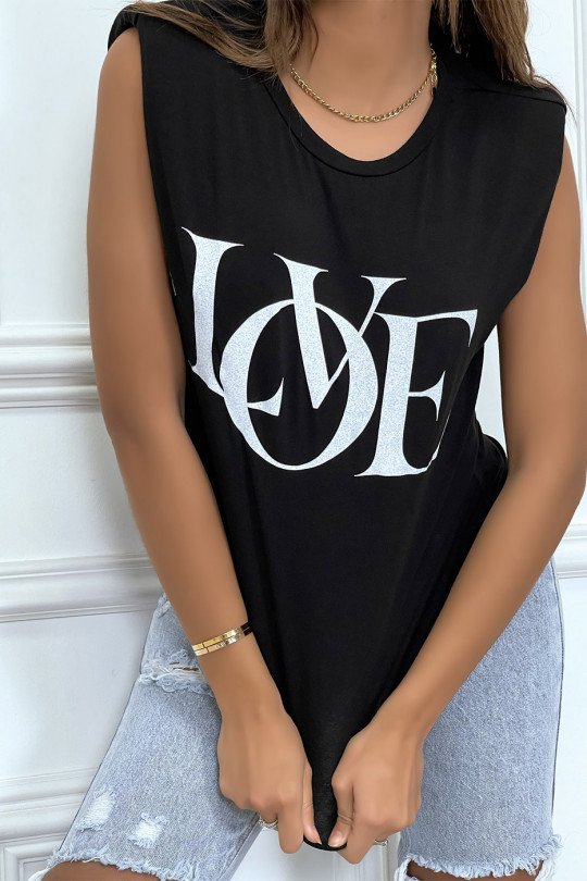 T-shirt sans manches noir à épaulettes et écriture "love" - 2