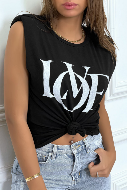 T-shirt sans manches noir à épaulettes et écriture "love" - 5