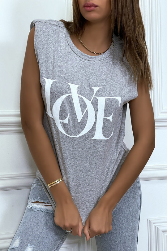 T-shirt sans manches gris à épaulettes et écriture "love" - 1