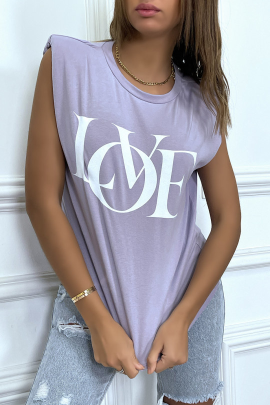 Lilac sleeveless t-shirt with shoulder pads and "love" writing - 1