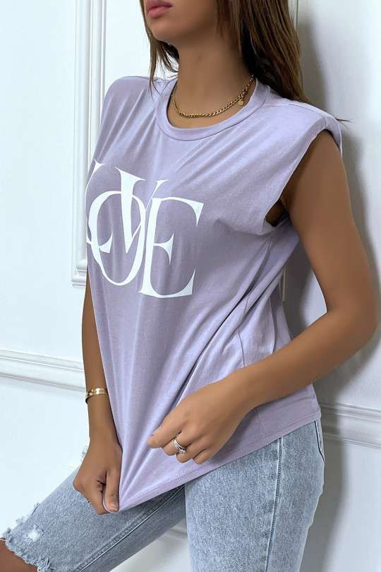 Lilac sleeveless t-shirt with shoulder pads and "love" writing - 2