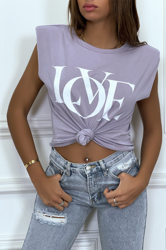 Lilac sleeveless t-shirt with shoulder pads and "love" writing - 3