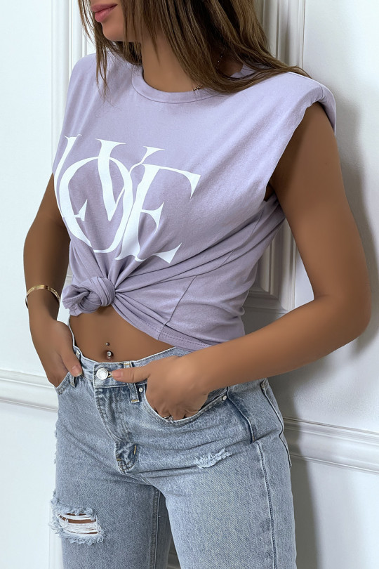 Lilac sleeveless t-shirt with shoulder pads and "love" writing - 4