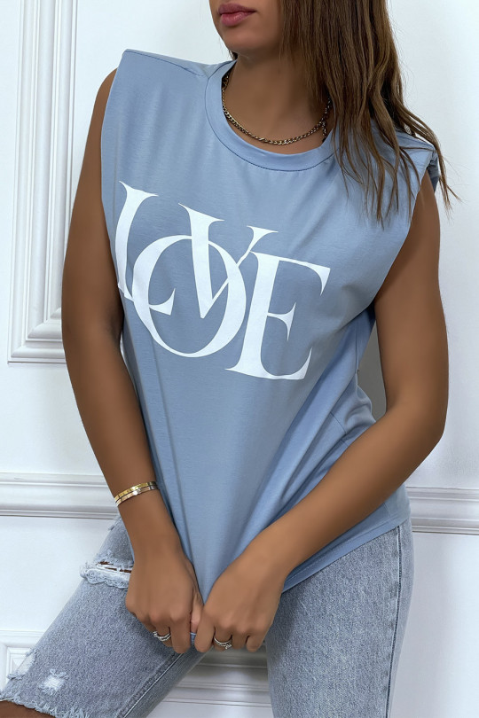 T-shirt sans manches turquoise à épaulettes et écriture "love" - 1