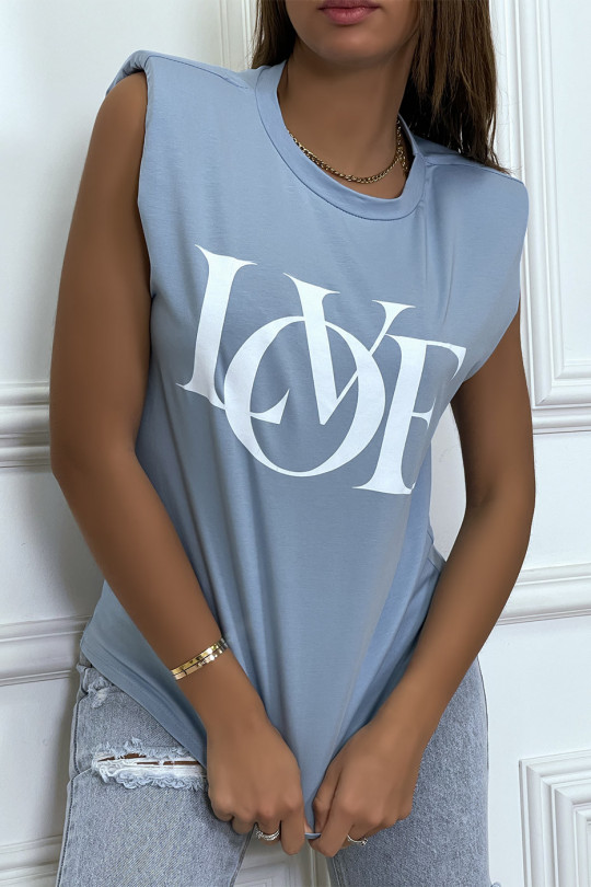 T-shirt sans manches turquoise à épaulettes et écriture "love" - 2