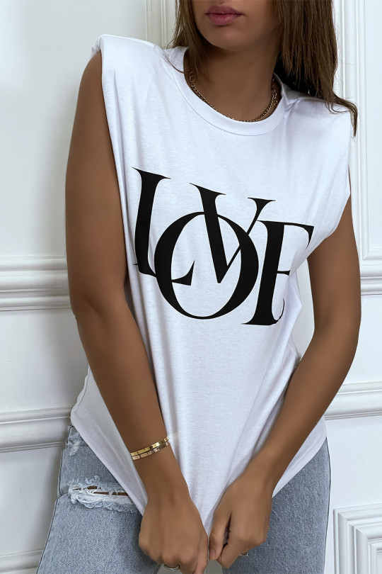 T-shirt sans manches blanc à épaulettes et écriture "love" - 1