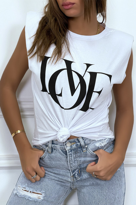 T-shirt sans manches blanc à épaulettes et écriture "love" - 4