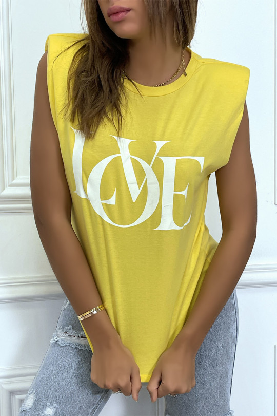 Yellow sleeveless T-shirt with shoulder pads and "love" writing - 1