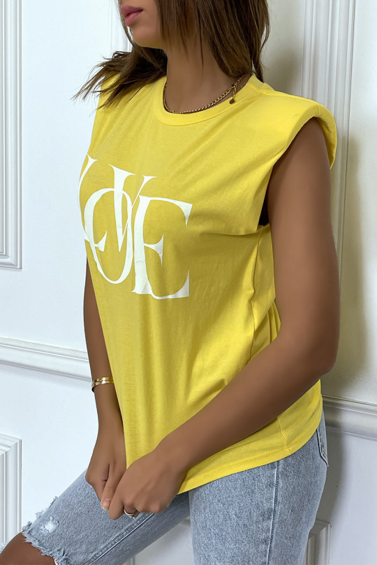 Yellow sleeveless T-shirt with shoulder pads and "love" writing - 2