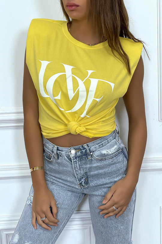 T-shirt sans manches jaune à épaulettes et écriture "love" - 3
