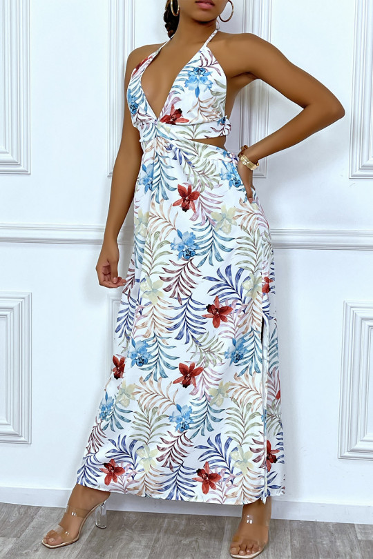Sublime robe longue d'été à imprimé tropical blanche et découpe décolleté et dos nu - 3
