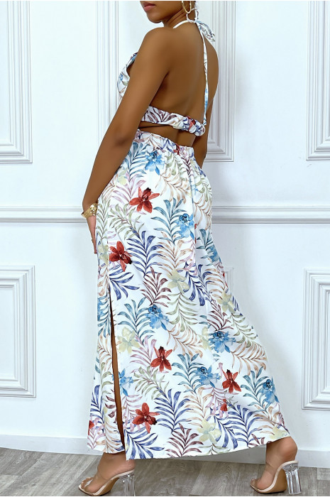 Sublime robe longue d'été à imprimé tropical blanche et découpe décolleté et dos nu - 7