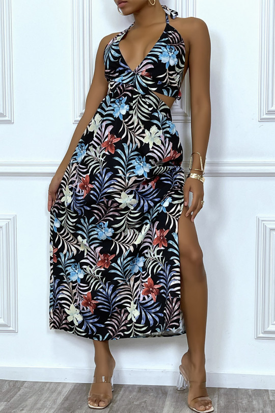 SuSSime long summer dress with black tropical print and cut-out neckline and backless - 2