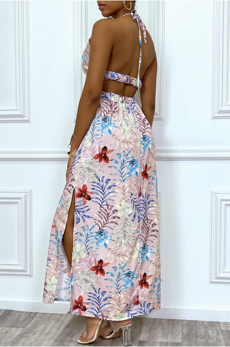 Sublime robe longue d'été à imprimé tropical rose et découpe décolleté et dos nu - 6