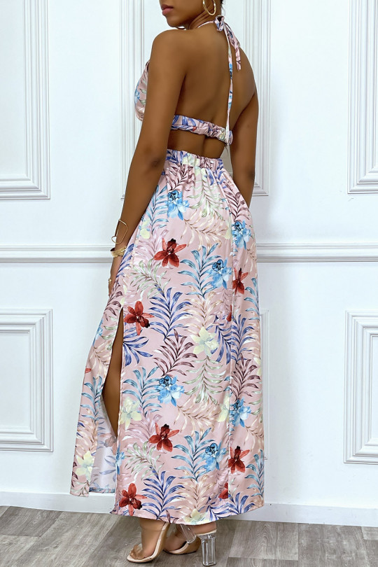 Sublime long summer dress with tropical pink print and cutout neckline and open back - 6