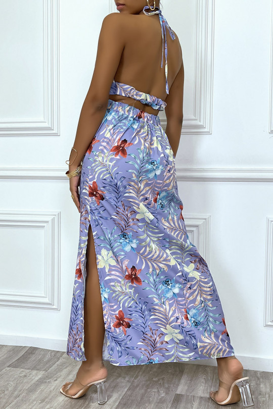 Sublime robe longue d'été à imprimé tropical lila et découpe décolleté et  dos nu