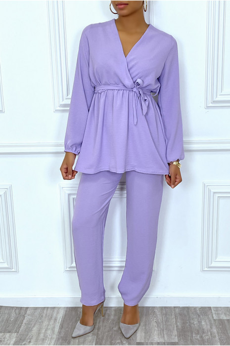 Ensemble cache coeur fluide et pantalon lilas élégant - 1