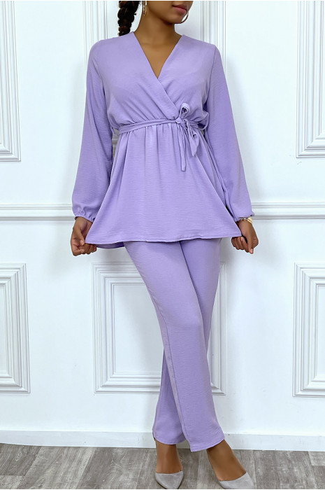 Ensemble cache coeur fluide et pantalon lilas élégant - 4