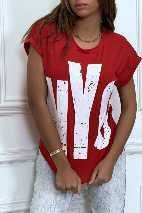 Red t-shirt with rolled up sleeves and "NYC" tag - 1