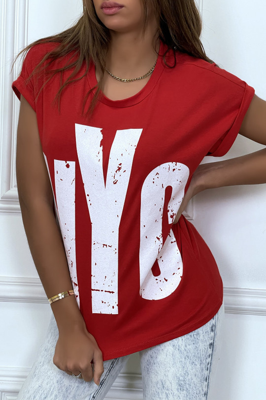 Rood t-shirt met opgerolde mouwen en "NYC" tag - 2