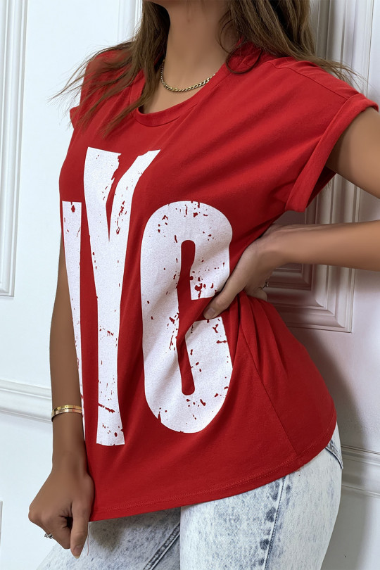Rood t-shirt met opgerolde mouwen en "NYC" tag - 3