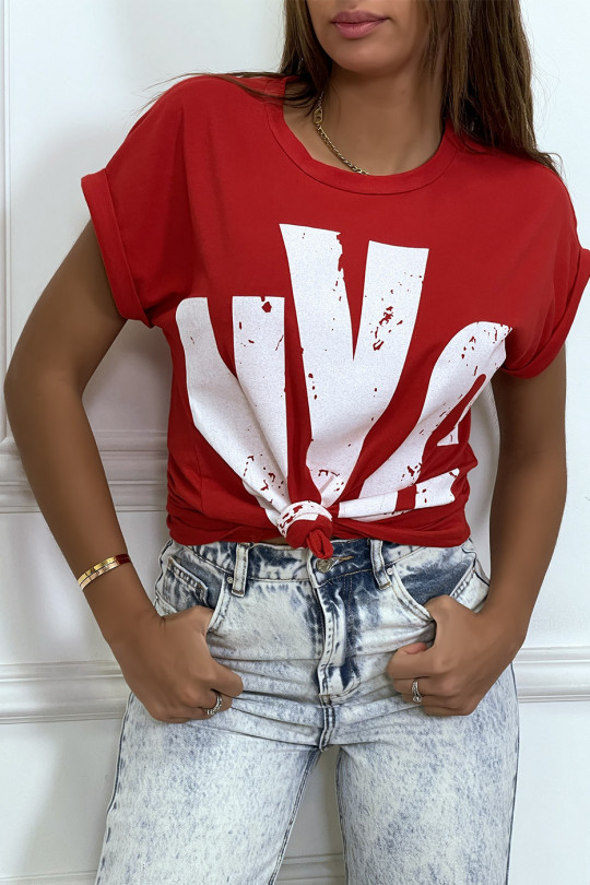 Red t-shirt with rolled up sleeves and "NYC" tag - 4