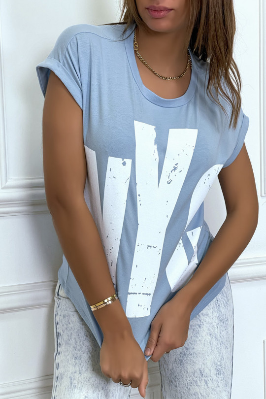Turquoise t-shirt with rolled up sleeves and "NYC" tag - 1