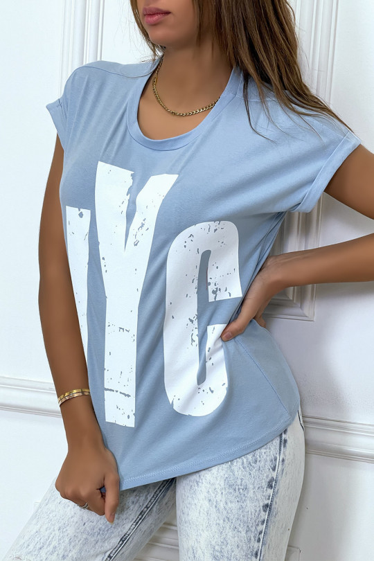 Turquoise t-shirt with rolled up sleeves and "NYC" tag - 2