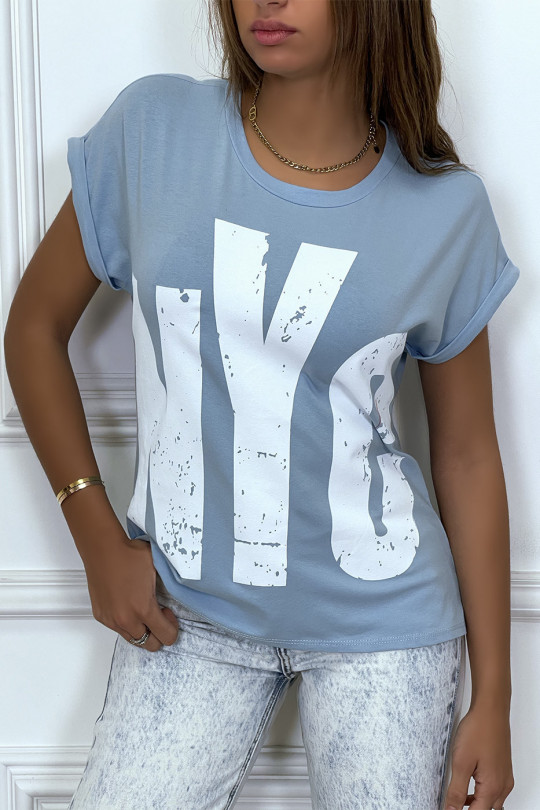 Turkoois t-shirt met opgerolde mouwen en "NYC" tag - 3