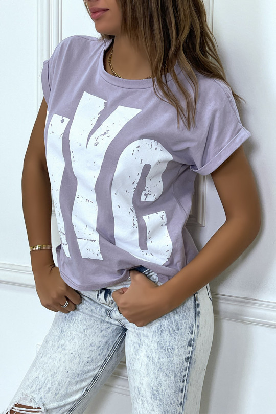 Lila T-shirt met opgerolde mouwen en "NYC" tag - 2