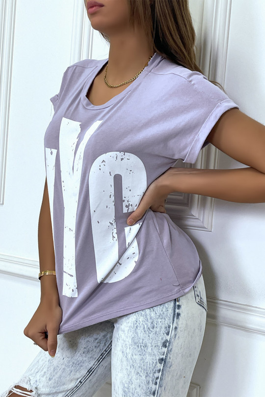Lila T-shirt met opgerolde mouwen en "NYC" tag - 4
