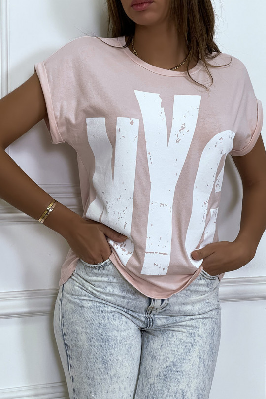 Pink t-shirt with rolled up sleeves and "NYC" tag - 3