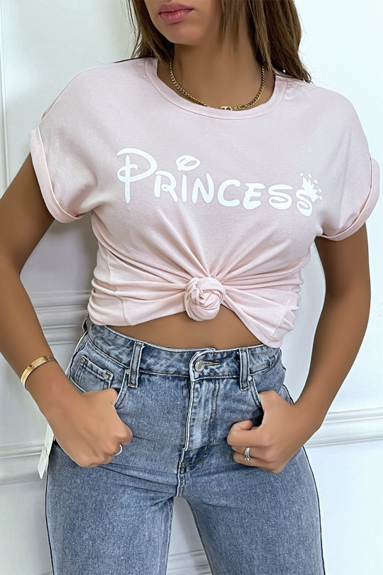 T-shirt rose avec écriture "pincesse" et manches retroussées - 2