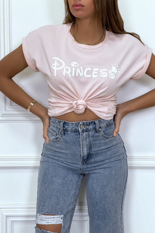 T-shirt rose avec écriture "pincesse" et manches retroussées - 3