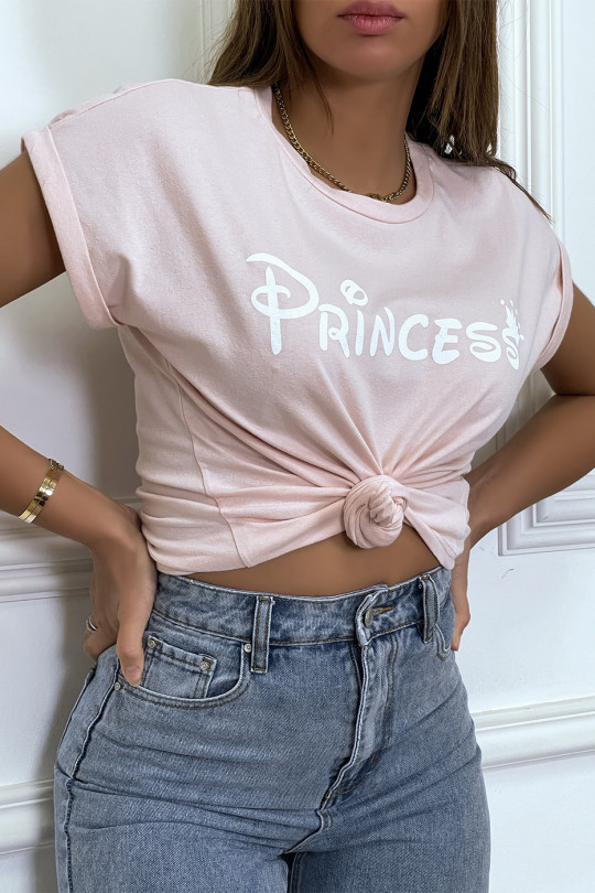 T-shirt rose avec écriture "pincesse" et manches retroussées - 4
