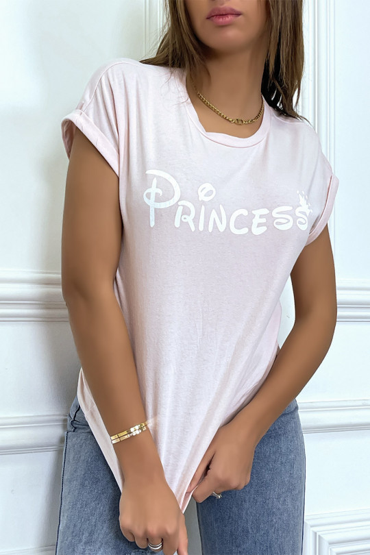 T-shirt rose avec écriture "pincesse" et manches retroussées - 8