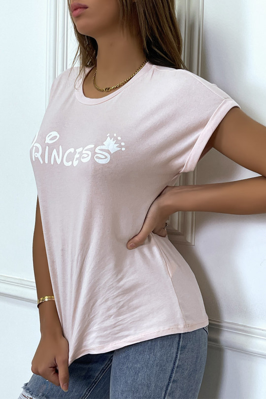 T-shirt rose avec écriture "pincesse" et manches retroussées - 9