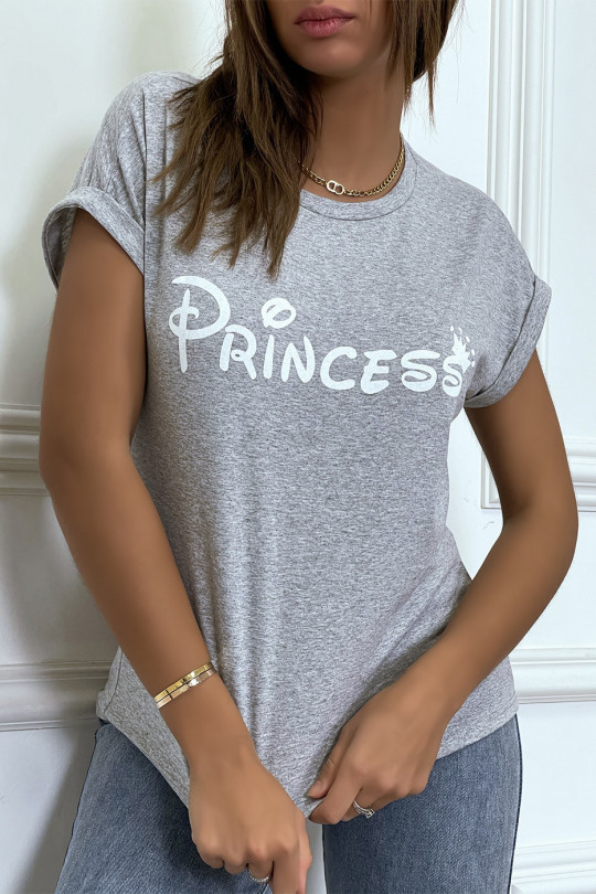 T-shirt gris avec écriture "pincesse" et manches retroussées - 1