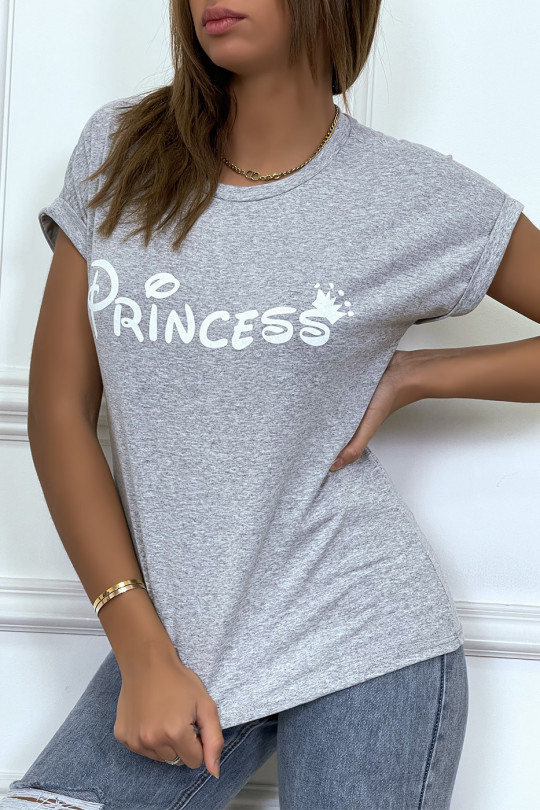 T-shirt gris avec écriture "pincesse" et manches retroussées - 2