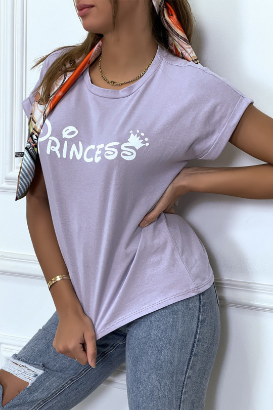 T-shirt lilas avec écriture "pincesse" et manches retroussées - 2