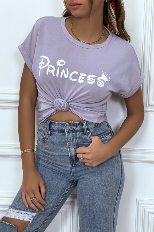 T-shirt lilas avec écriture "pincesse" et manches retroussées - 4