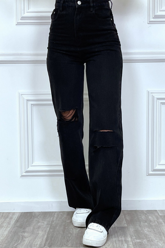 Jeans boot-cut noir taille haute déchiré aux genoux. Jeans hyper tendance 2021 instagram et TikTok - 2
