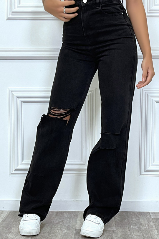 Jeans boot-cut noir taille haute déchiré aux genoux. Jeans hyper tendance 2021 instagram et TikTok - 5