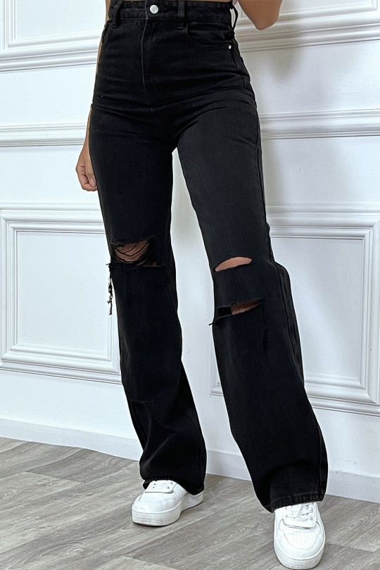 Jeans boot-cut noir taille haute déchiré aux genoux. Jeans hyper tendance 2021 instagram et TikTok - 6