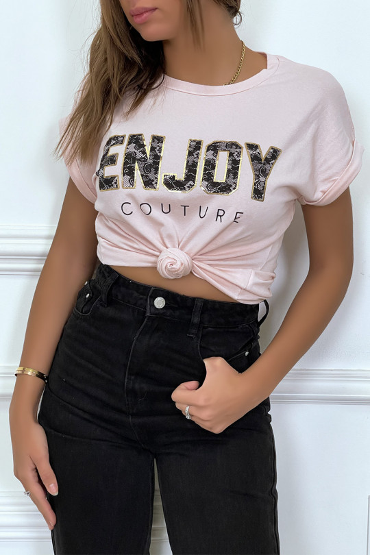 T-shirt rose ENJOY avec manches revers et coupe loose. T-shirt femme fashion - 5