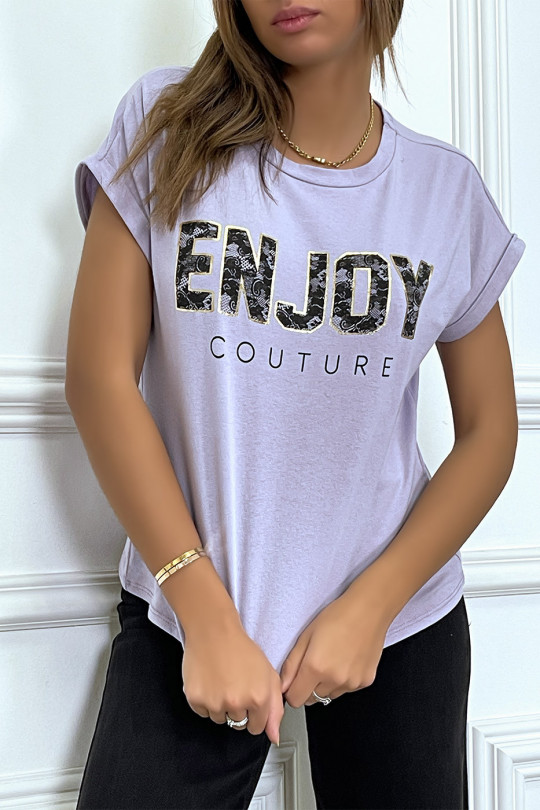 ENJOY lilac t-shirt with cuffed sleeves and loose fit. Women's fashion t-shirt - 1