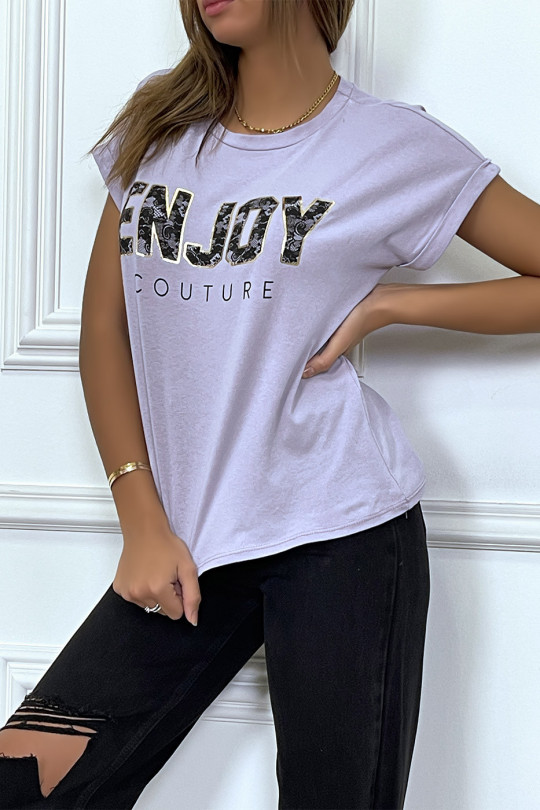 ENJOY lilac t-shirt with cuffed sleeves and loose fit. Women's fashion t-shirt - 2